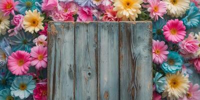 Rustic Wooden Table with Colorful Flower Background. photo