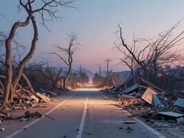 Desolate Road with Earthquake Damage and Twilight Glow Surrounded by Trees and Debris. photo