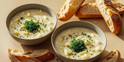 Two bowls of creamy potato soup are garnished with fresh herbs and served with slices of baguette on a beige background photo
