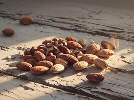 Assorted nuts including almonds and walnuts scattered on rustic wooden surface. photo
