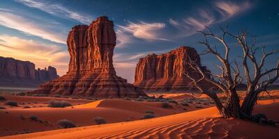 Majestic Desert Monoliths Bathed in the Golden Glow of Twilight Hour. photo