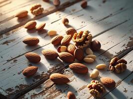 Assorted nuts including almonds and walnuts scattered on rustic wooden surface photo