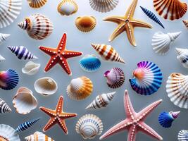 Seashells and starfish in various colors and textures on transparency background photo