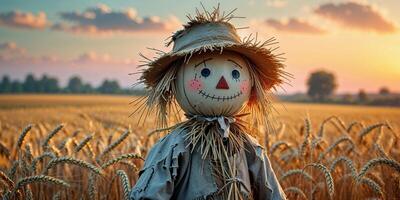 A scarecrow stands in a field of wheat photo