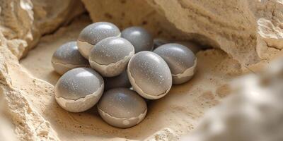 A group of eggs in a nest on a rock photo