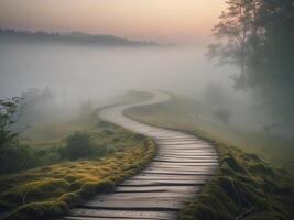 A path in the fog with trees and grass photo