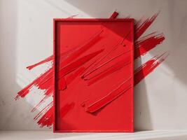 A red door with paint on it in a room photo