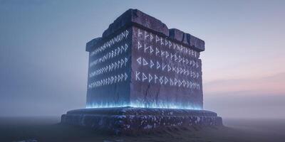 A stone monument with blue lights on it photo