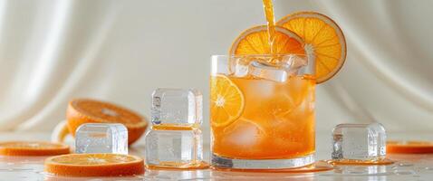 Refreshing orange beverage with ice cubes and fresh orange slices on a light background photo