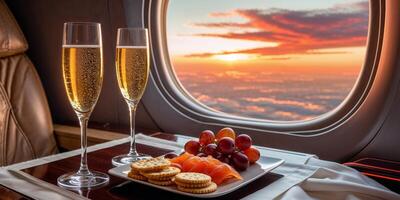 Two champagne flutes and snacks are served on a first class seat table during a flight at sunset. photo