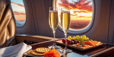 Two champagne flutes and snacks are served on a first class seat table during a flight at sunset photo