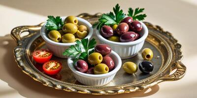 Assorted Colorful Olives and Tomato Appetizers in Bowls on Ornate Tray. photo