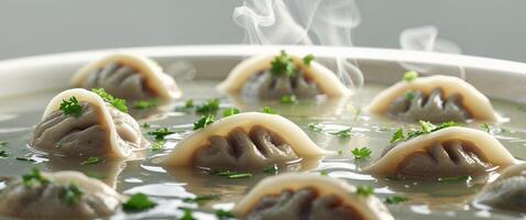 A bowl of steaming soup with dumplings in it photo