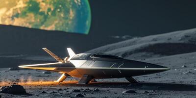Futuristic spacecraft resting on a lunar surface with Earth visible in the background photo