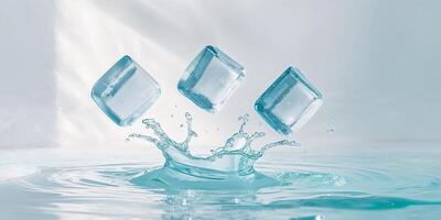 three ice cubes falling and splashing into water photo