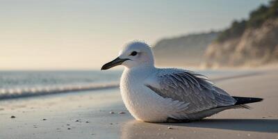 Wet seabird resting on the sandy shore during a serene morning along the coastline photo