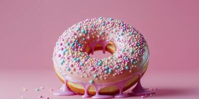 A donut with pink icing and sprinkles on a pink background photo