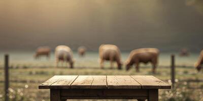 A table in a field with cows grazing in the background photo