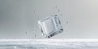 Clear Ice Cube with Bubbles on Light Background for Refreshing Drinks photo