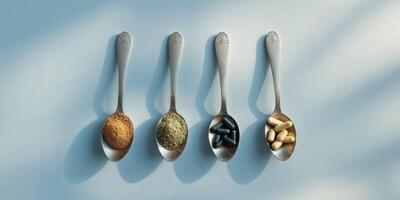 Three spoons with different health supplements on a light blue background. photo