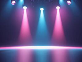 Stage spotlights lighting up empty stage in pink and blue photo
