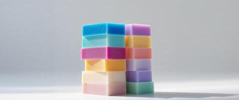 A stack of five different colored bars of soap. photo