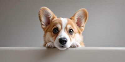Corgi puppy peeking over surface with curious expression photo