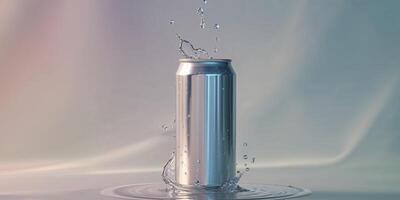 Drink can with splash of liquid on pastel background photo