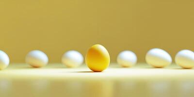 A yellow egg is standing out from the rest of the white eggs photo