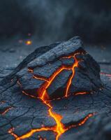 Natural volcanic rock formation with glowing lava cracks in a dark environment photo