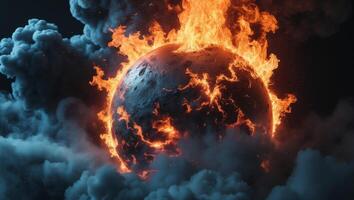 Burning planet engulfed in flames and smoke with a textured surface and glowing embers photo
