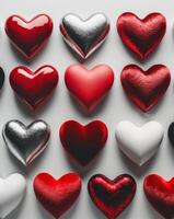 Red hearts with various textures and finishes arranged in a grid photo