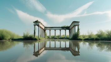 Serenity of nature reflected in calm water at an abandoned structure during the day. photo