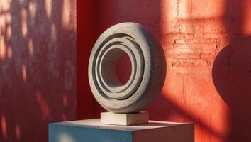 Abstract Stone Sculpture with Spiral Design on Concrete Stand Underneath Sunlight with Red Textured Wall Background. photo