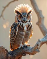 intelligent owl with a feathered pompadour perched on an ancient tree branch. photo