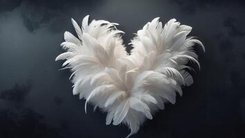 Heart shape made of fluffy white feathers on a dark background photo