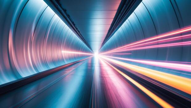Dynamic light streaks create an illusion of speed through a futuristic tunnel environment photo