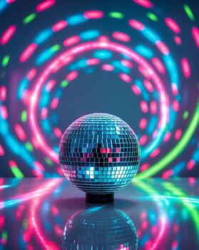Disco ball on a table with colorful lights in the background creating a festive atmosphere for a party. photo
