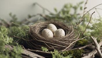 Rustic Nest with Speckled Eggs in Natural Setting. photo