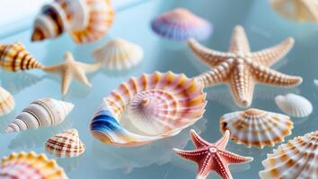 Beautiful collection of colorful seashells and starfish on transparency background. photo