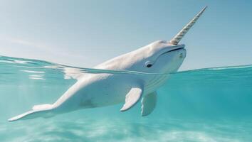 A narwhal with a horn on its head swimming in the ocean photo