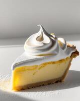 A slice of lemon meringue pie with a white background photo