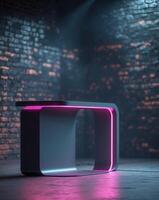 Neon lit urban podium scene with brick wall background for modern design concepts photo