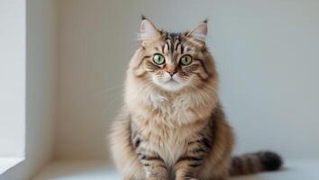 Fluffy tabby cat with bright eyes and a curious expression sits attentively photo