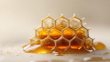 Honeycomb dripping with golden honey showcasing its intricate hexagonal structure. photo
