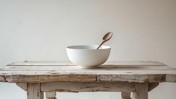 Simple White Bowl with Spoon on Rustic Table. photo