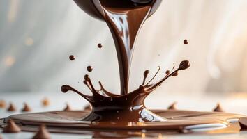 Chocolate cascading and splashing onto a pool of melted chocolate photo