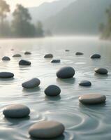 Serenity of balanced stones on tranquil water surface with gentle ripples and a peaceful natural backdrop for relaxation and mindfulness themes photo