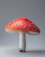 Luminous Red Mushroom with White Dots in a Gray Background. photo