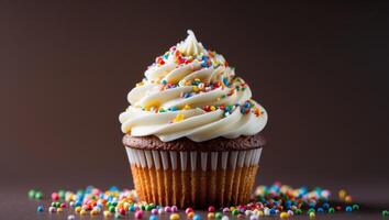 Delicious Colorful Cupcake with Creamy Frosting and Sprinkles on Dark Background photo
